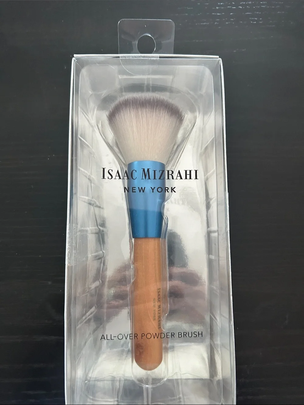 Isaac Mizrahi Blue Ferrule Powder Brush with Tan Handle